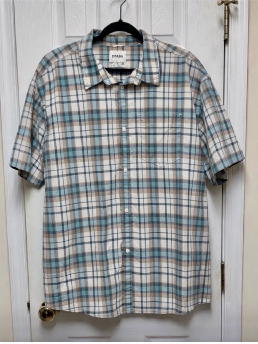 Prana Cabincore Coastal Casual Blue and Cream Plaid Short Sleeve Shirt XXL